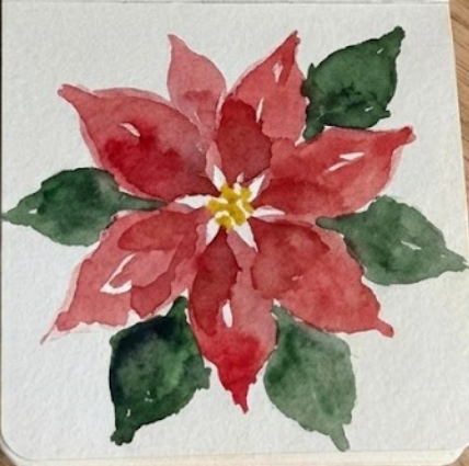 Final expressive watercolor poinsettia sketch matching the muted color reference with characteristic flicks.