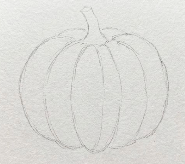 Step 1 of a pumpkin watercolor painting tutorial showing a light, loose pencil sketch of a pumpkin outline and ribs on textured paper.