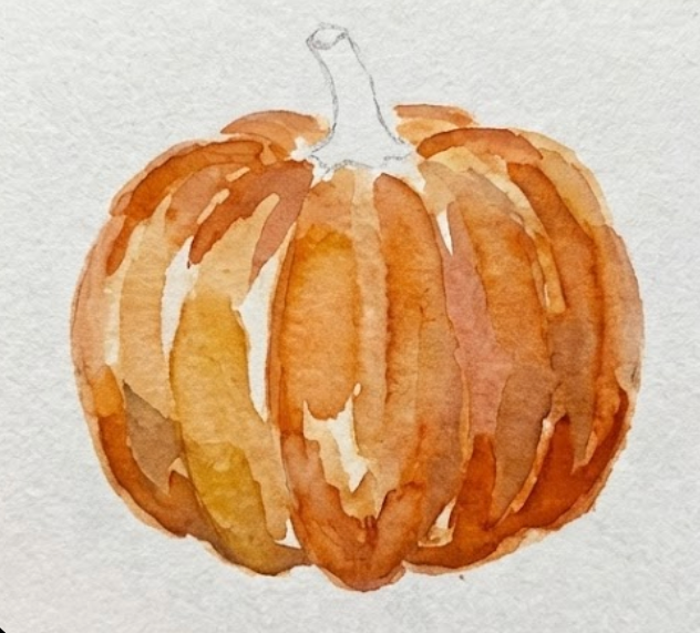 Step 3 of the pumpkin watercolor painting showing wet-on-damp strokes of darker burnt sienna added to define the curved ribs and shadows.