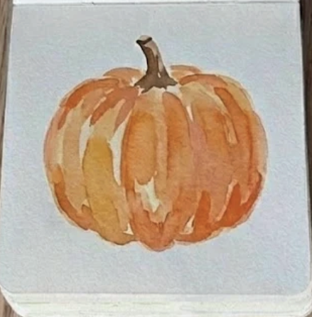 Final step of the pumpkin watercolor painting study with a dark brown stem added for an expressive sketchbook style.