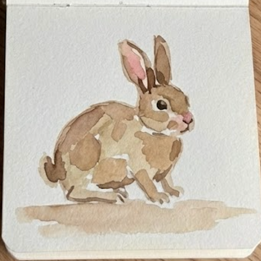 The completed rabbit watercolor painting in a sketchbook featuring dark sepia accents, a detailed eye with a highlight, and expressive fur textures.