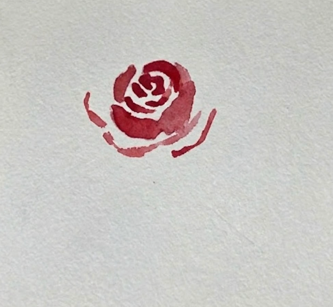 Step 1 of a loose red rose watercolor painting, showing a tight dark red central spiral on textured paper.