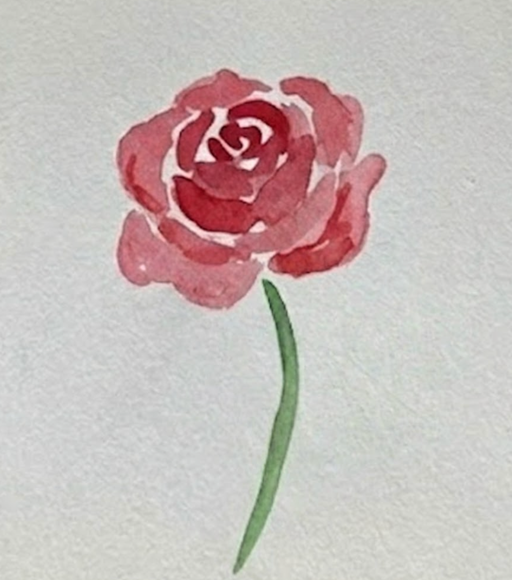 Step 3 of the red rose watercolor painting process, featuring the completed flower head with a simple green watercolor stem added below it.