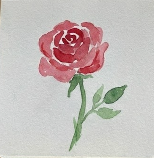 The completed loose red rose watercolor painting on sketchbook paper, showing the finished bloom, green stem, and two leaves.