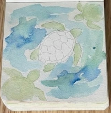 Sketchbook page with solid green sea turtle silhouettes painted over the blue wash.