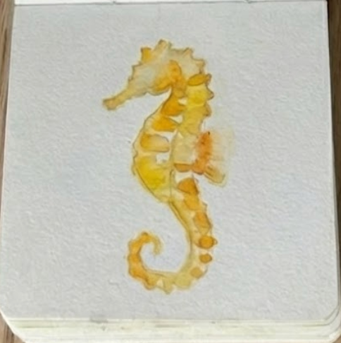 Loose yellow and orange watercolor base wash applied to the seahorse shape in the sketchbook, step 2 of the seahorse watercolor painting tutorial.