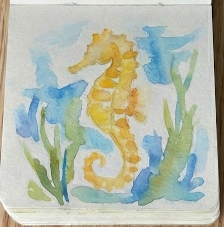 Expressive green seaweed and loose blue water background washes added around the yellow seahorse base, step 3.