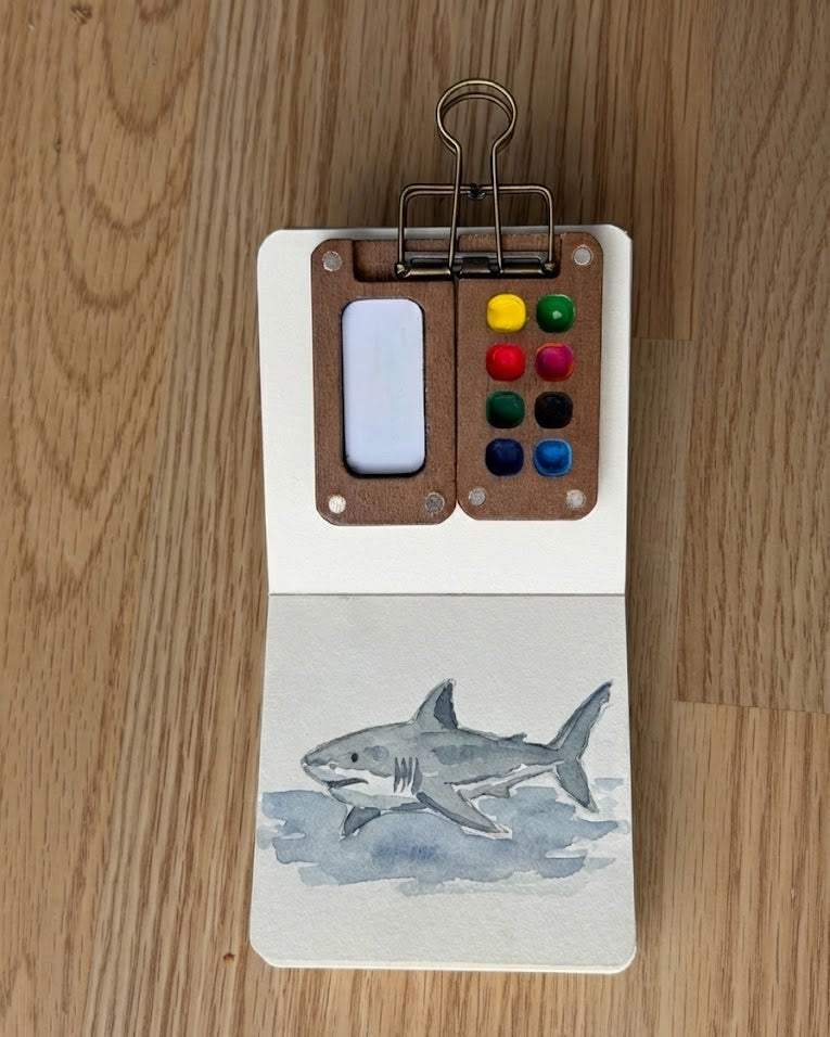 Tobio’s Kits shark watercolor painting, painted in a small watercolor sketchbook with soft washes and simple details.