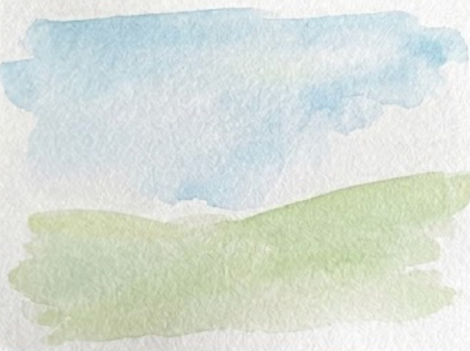 Step 1 of a loose spring watercolor painting, showing initial wet washes of blue sky and green ground on textured paper with preserved white spots.