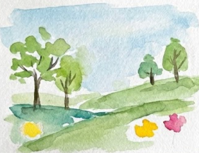 Step 2 of an expressive spring watercolor painting, adding soft green tree canopy shapes and initial dabs of yellow and pink color for future flowers.