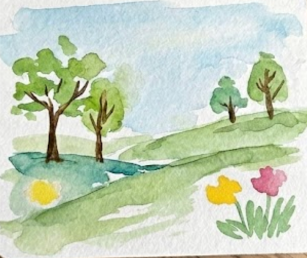 Step 3 of a spring watercolor painting study, featuring the addition of structural brown tree trunks and branches and refined hill contours.