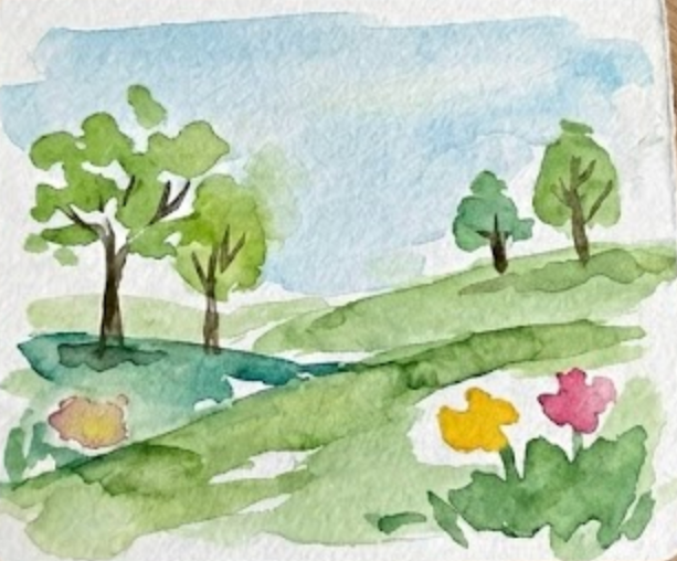 Final completed spring watercolor painting, with detailed leafy trees, textured multi-tonal hills, defined yellow and pink wildflowers, and emphasized white paper spots.