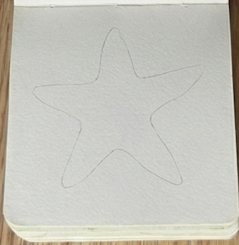 A light pencil outline of a simple five-armed starfish sketched onto watercolor paper in an open sketchbook.