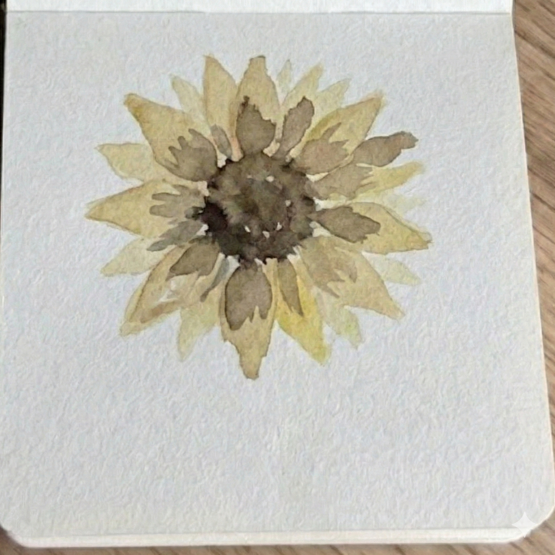 Step 3: A focused stage in developing a sunflower watercolor painting, featuring a defined, concentrated dark brown center with small, textured dabs added for seed texture.