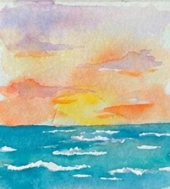 Watercolor painting of a ocean and behind it there is a sunset