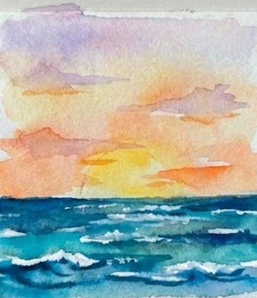 Watercolor painting of a sunset over the ocean, featuring a soft gradient sky of purple and orange above deep blue waves with whitecaps.