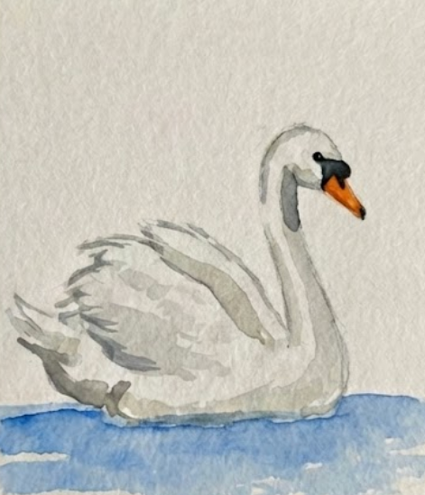 Watercolor painting of a swan on water with a textured beige background