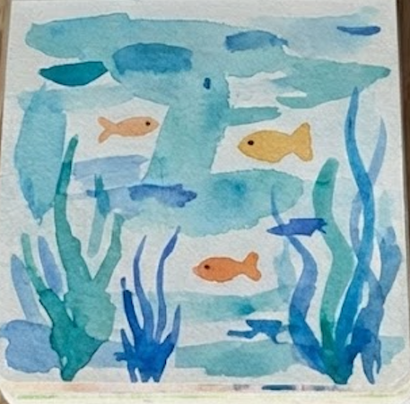 Final completed underwater watercolor painting, with detailed fish, seaweed, and distant silhouettes.
