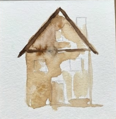 Watercolor painting of a house with a brown roof on a white background