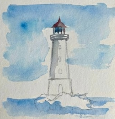 Watercolor painting of a lighthouse with a blue sky and water background