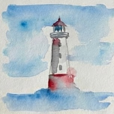 Watercolor painting of a lighthouse with a blue and white background