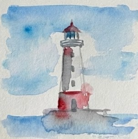 Watercolor painting of a lighthouse with a blue sky background
