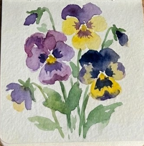 Final step of watercolor pansy tutorial showing sap green leaves and stems added to complete the floral composition.