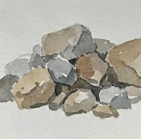 A watercolor painting of rocks on a white background