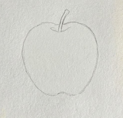 Step 1 of an apple watercolor painting showing a simple pencil sketch of the apple's outline and stem shape on textured paper.