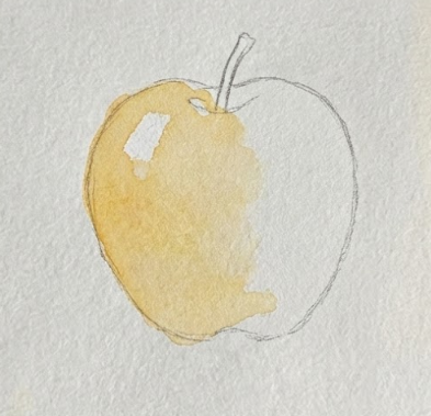 Step 2 applying a initial wash of pale yellow watercolor over the sketch, leaving a small area of white paper dry on the top left for a highlight.