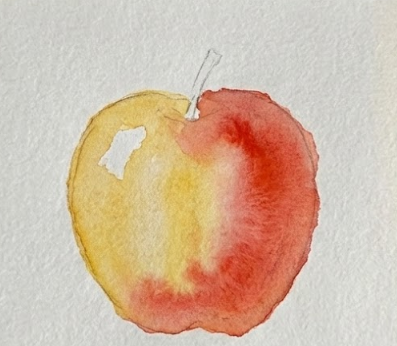 Step 3 adding warm red watercolor into the wet yellow wash, allowing the colors to blend naturally and create a gradient while maintaining the white highlight.