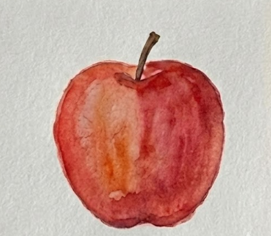 Final step showing the completed apple painting with deeper red shadows added to define the form and a dark brown stem painted at the top.