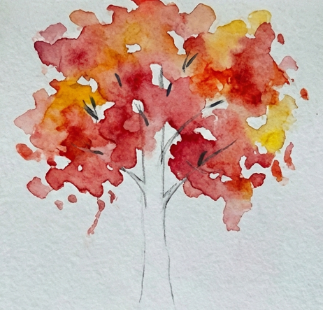 Step 2 defining the white aspen trunk through negative space and painting faint, broken gray branches reaching into the foliage.