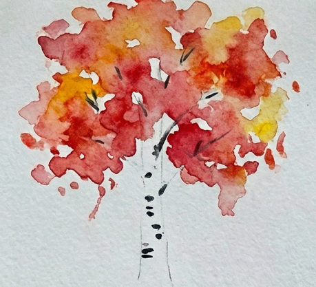 Step 3 adding high-contrast texture to the white bark by painting dark black "eyes" and lenticels with Payne's Gray on dry paper.