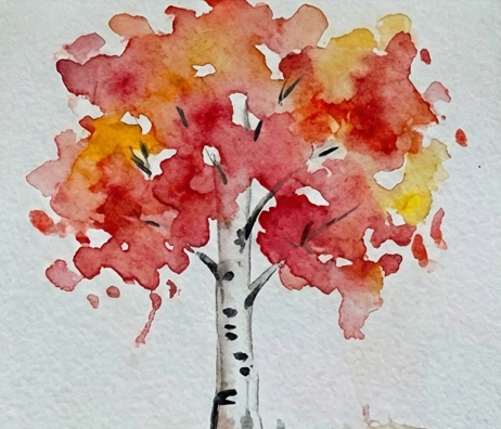Step 4 completing the expressive watercolor painting aspen tree by adding a loose, watery brown ground wash to anchor the trunk.