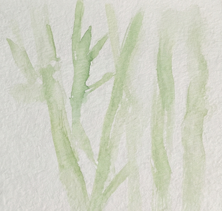 Step 1 of a bamboo watercolor painting tutorial, showing pale, blurry sap green vertical washes forming the distant background stalks.