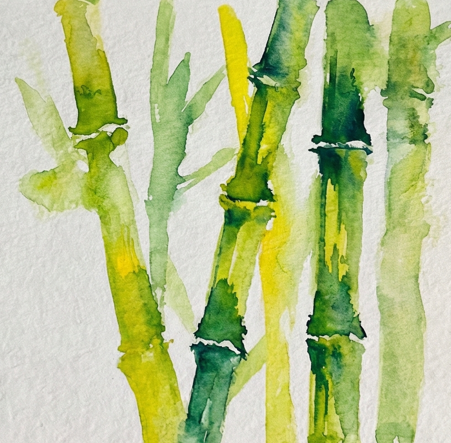 Step 2 painting vibrant foreground bamboo stalks wet-in-wet with sap green and lemon yellow, leaving dry white gaps for nodes.