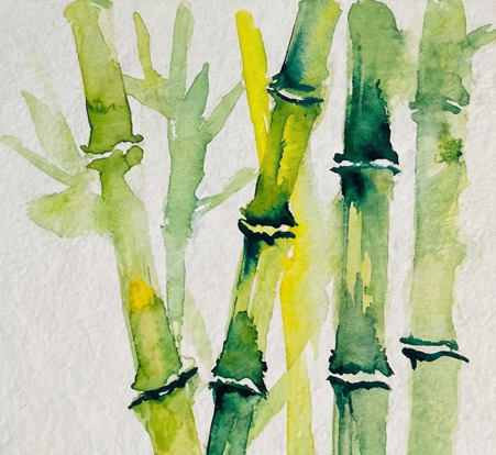 Step 3 adding crisp, dark viridian green horizontal lines to define the bamboo nodes on the completely dry watercolor stalks.