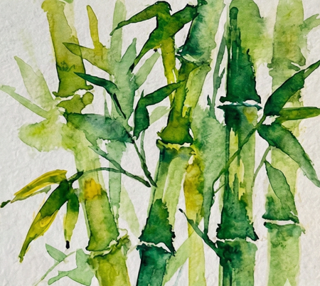 The finished bamboo watercolor painting, completed in Step 4 with energetic clusters of varied green leaves overlapping the stalks.