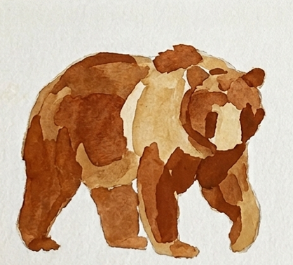 Expressive Burnt Sienna watercolor washes added for mid-tones and form to the bear watercolor painting.