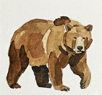 Completed expressive bear watercolor painting with dark Burnt Umber shadows and detailed eye and nose.