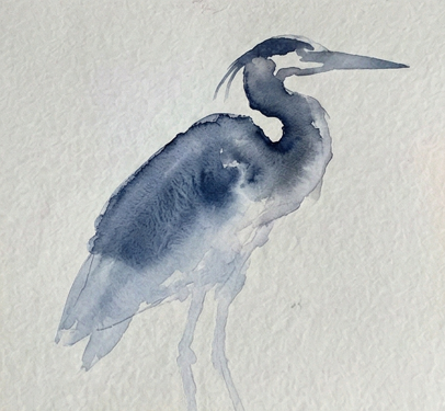Dropping dark blue and gray pigment wet-on-wet for step three of this blue heron watercolor painting study.