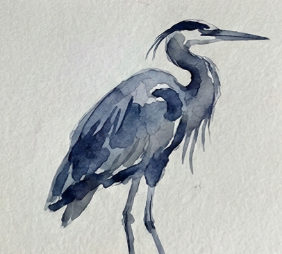 Completed loose blue heron watercolor painting showing final dark brush stroke details on the beak and wings.
