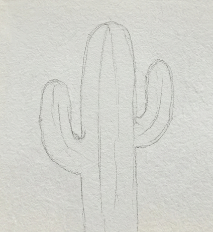 Light pencil sketch of a cactus on cold press paper for a beginner watercolor painting.