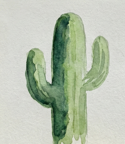 Dark green wet-in-wet shadows added to the damp cactus watercolor layer.
