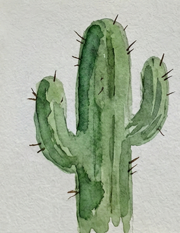 Finished expressive cactus watercolor painting featuring dark brown spines and organic textures.