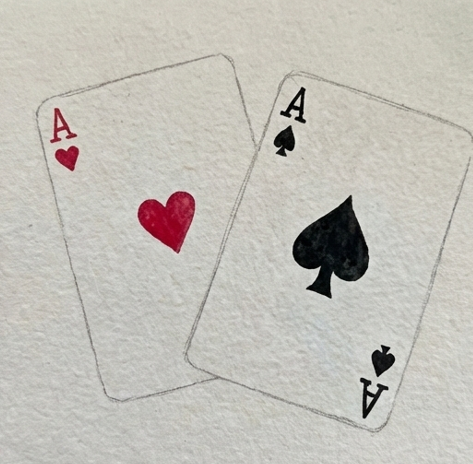Step 2 showing the card symbols (red hearts and black spades) and the letter "A" painted crisply with a small brush, leaving the rest of the card blank.