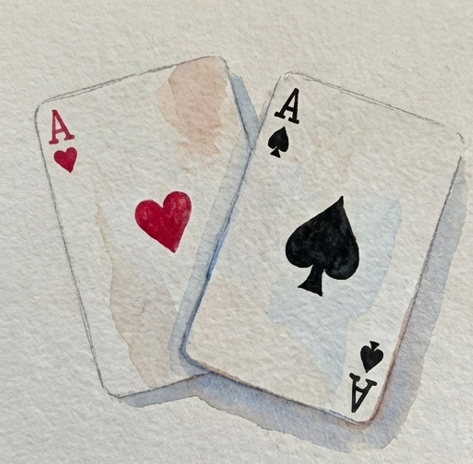Step 3 adding subtle shadows and warm grey washes to the card faces to give them depth and separate the top card from the bottom one.