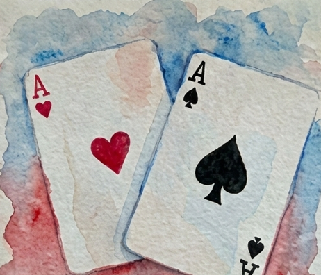 Final step completing the watercolor painting cards with a loose, expressive blue and red background wash that bleeds slightly around the edges for an artistic effect.