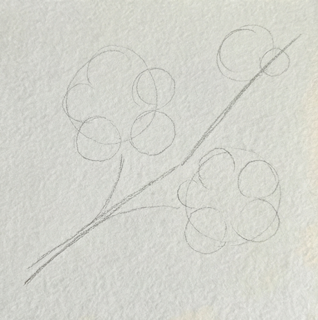 Step 1 of a cherry blossom watercolor painting showing a rough pencil sketch with a single diagonal branch line and loose circle guides for flower placement.